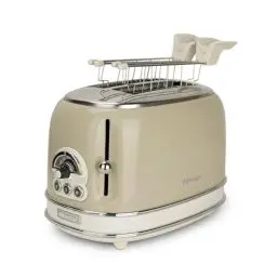 Produktbild: Ariete Vintage 155, 2-Scheiben-Toaster, Retro Toaster mit 6 Toaststufen, Automatischer Auswurf, Auftaufunktion, Herausnehmbares Krümelfach, Gehäuse aus Edelstahl, mit Sandwichzangen, 810W, Beige