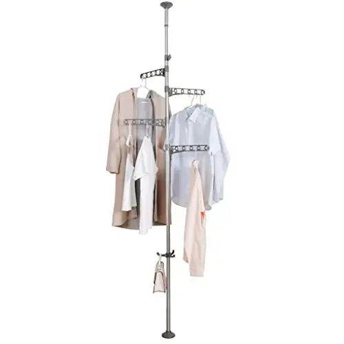 Produktbild: ARIIKON Kleiderständer Teleskop Kleiderstange Ohne Bohren Höhenverstellbar Teleskopstange Wäscheständer Kleiderbügel in Metall mit 2 Armen und Haken für Flur Schlafzimmer Büro Balkon Ecke, Grau