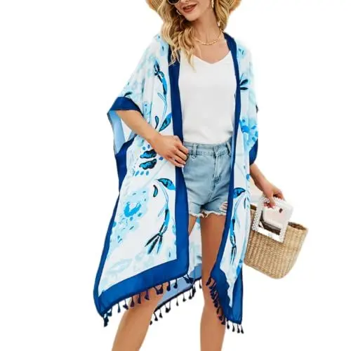 Produktbild: ARIMIA Strand Kimono Damen Kimono Lang Strandkleid Sommer Urlaub Strandkleider Strandponcho Pareo Badeanzug Bikini Cover Up (Blau)