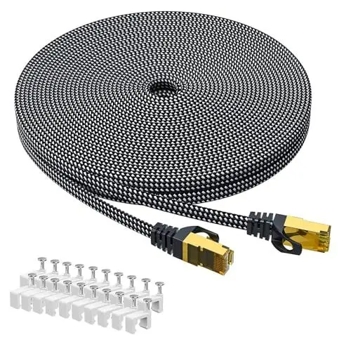 Produktbild: ARISKEEN Cat 8 Ethernet Kabel 40M, Cat8 Geflochten Flach Hochgeschwindigkeit (40Gbps 2000Mhz/s) Gigabit Rj45 STP Geschirmtes Internet Netzwerk Lan Patch Kabel Draht für Router Modem Panel