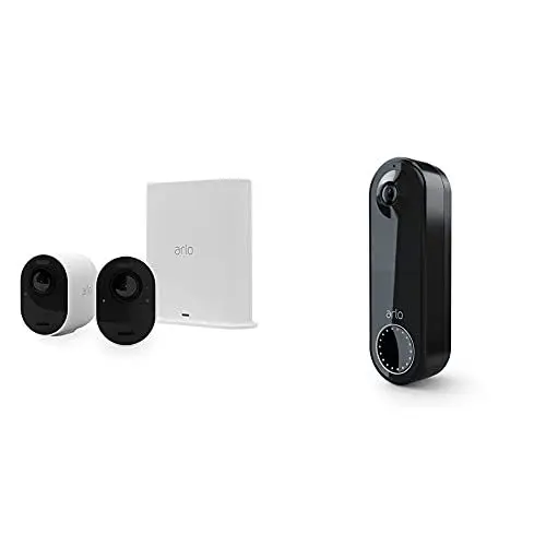 Produktbild: Arlo Ultra 2 Spotlight WLAN Überwachungskamera, Kabellos, Innen/Aussen, 2er Set, 4K Video & HDR, Weiß & Kabellose Essential Video Türklingel, Bewegungserkennung, Warnmeldung, WLAN, Schwarz
