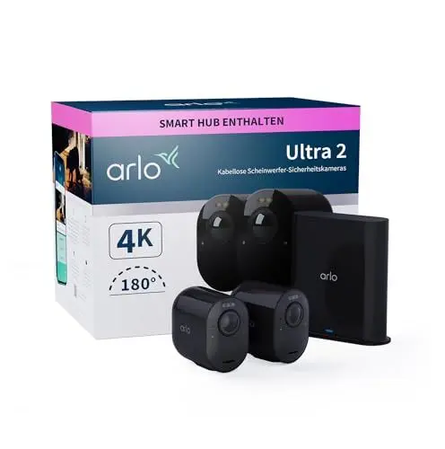 Produktbild: Arlo Ultra 2 Überwachungskamera Aussen WLAN, Kabellos, 2er Set, 4K UHD Qualitätsprodukt, 180° Sichtfeld, Spotlight, Farb-Nachtsicht, Bewegungsmelder, Alarm Sirene + mit Arlo Secure Testzeitraum