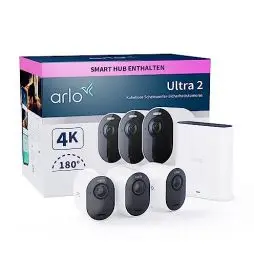 Produktbild: Arlo Ultra 2 Überwachungskamera Aussen WLAN, Kabellos, 3er Set, 4K UHD Qualitätsprodukt, 180° Sichtfeld, Spotlight, Farb-Nachtsicht, Bewegungsmelder, Alarm Sirene + mit Arlo Secure Testzeitraum