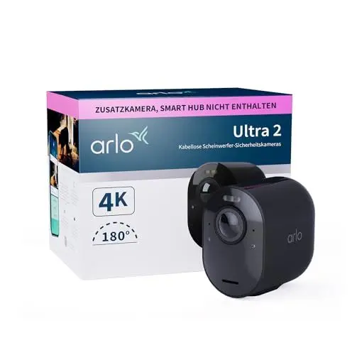 Produktbild: Arlo Ultra 2 Überwachungskamera Aussen WLAN, Kabellos, 4K UHD Qualitätsprodukt, 180° Sichtfeld, Spotlight, Farb-Nachtsicht, Bewegungsmelder, Alarm Sirene, Zusatzkamera mit Akku, SmartHub Benötigt