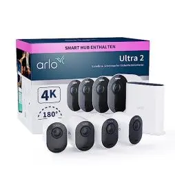 Produktbild: Arlo Ultra 2 Überwachungskamera Aussen WLAN, Kabellos, 4er Set, 4K UHD Qualitätsprodukt, 180° Sichtfeld, Spotlight, Farb-Nachtsicht, Bewegungsmelder, Alarm Sirene + mit Arlo Secure Testzeitraum