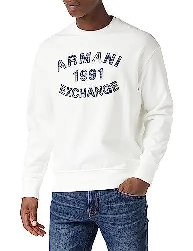 Produktbild: Armani Exchange Herren Crew Neck, Front Logo Print, Cuffed Sweatshirt, Weiß, L EU