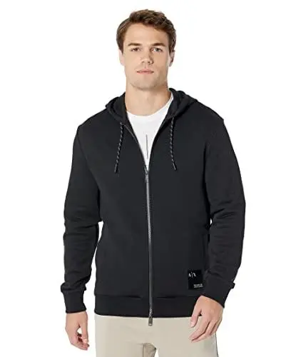 Produktbild: Armani Exchange Herren Zipped Hoodie, Front Pockets, Logo On Front, Contrast Drawstrings Hooded Sweatshirt, Schwarz, XS