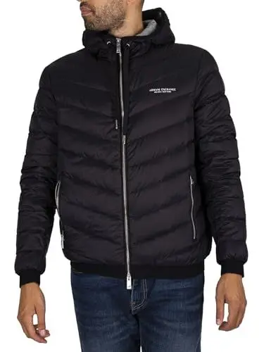 Produktbild: Armani Exchange Men's Hooded Quilted Down Milano/New York Logo Zip-up Jacket, Black/Melange Grey B, Medium