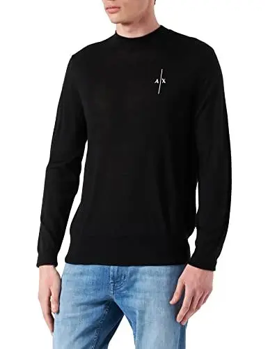 Produktbild: Armani Exchange Mens Merino Wool, Crew Neck, Embroidered Logo Pullover, Black, Extra-Small