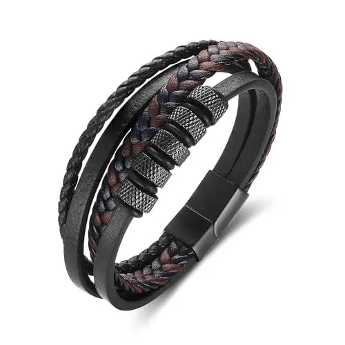 Produktbild: Gkmamrg Weihnachtsgeschenke für Männer Armband Herren Geschenk für Männer - Lerderarmband Leder Männer Armband schwarz Armreif - geflochten Echtleder Breites Wickelarmband mit Magnet Verschluss