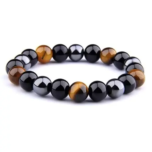 Produktbild: Dreifach-Schutz-Power-Armband: Tigerauge, Häma und Obsidian, 100 % natürlicher Edelstein, Reiki-geladen, für Fokus, Stärke und Erdung, 8 5 inch, Stein