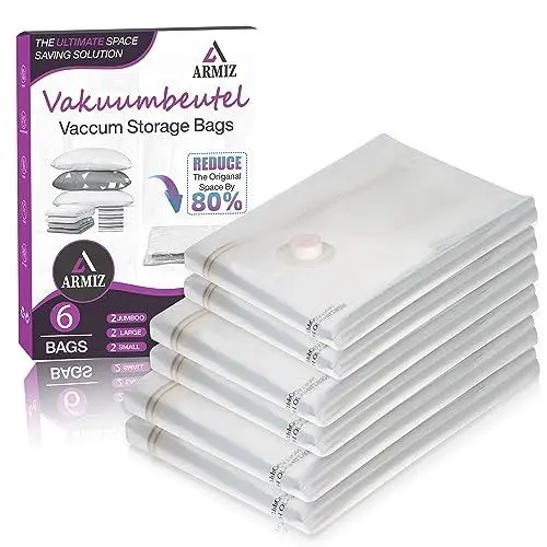 Produktbild: Armiz® Vakuumbeutel für Kleidung 6 Stück–Vakuumbeutel für Bettdecken 2 Jumboo 100x80cm– 2 Groß 80x60cm– 2 kleine 60x40cm, Bettwäsche,Kissen–langlebige robuste mit luftdichten Ventilen