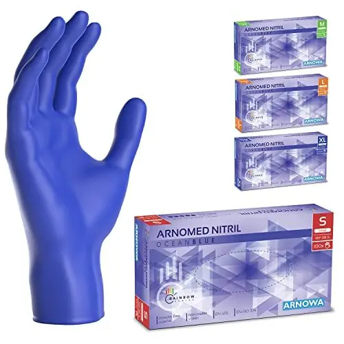 Produktbild: ARNOMED Einweghandschuhe Dunkelblau 100 Stück/Box, Einmalhandschuhe S, Nitrilhandschuhe, Handschuhe Einweg puderfrei, latexfreie Gummihandschuhe, Einweghandschuhe in S, M, L & XL verfügbar
