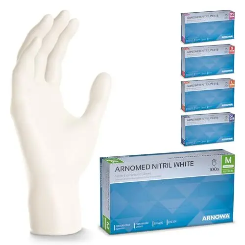 Produktbild: ARNOMED Nitril Einweghandschuhe 100 Stück/Box, M, weiß, latexfreie Einmalhandschuhe, puderfreie Nitrilhandschuhe, in Gr. S, M, L & XL verfügbar