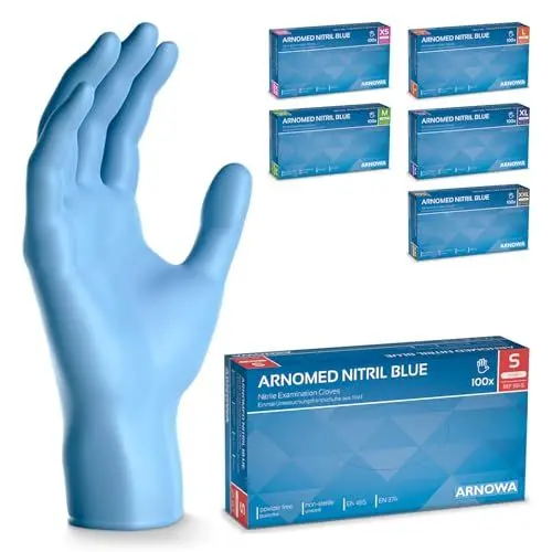 Produktbild: ARNOMED Nitril Einweghandschuhe 100 Stück/Box, S, puderfreie & latexfreie Einmalhandschuhe, Blaue Nitrilhandschuhe, in Gr. XS, S, M, L, XL & XXL verfügbar