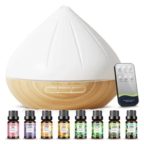 Produktbild: Aroma Diffuser für Ätherische Öle, 500ml Diffusor mit 8x10ml Ätherische Öle Set, Fernbedienung Luftbefeuchter Raumduft mit 14-Farbigem LED-Licht für Schlafzimmer (Weiß)