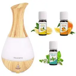 Produktbild: Aroma Diffuser mit Ätherische Öle 100% Bio von MEARÔME® Mit Pfefferminzöl, Zitronenöl, Orangenöl - Inkl. Aroma Öl Diffusor für Aromatherapie – Luftbefeuchter mit LED 16 Farbnuancen Duftöle