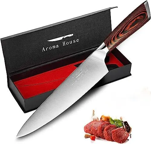 Produktbild: Aroma House Kochmesser Küchenmesser Chefmesser 20 cm (8 Zoll) Deutscher Edelstahl Japanisch Profi Köche Messer mit Ergonomischem Griff, Messerschärfer und Geschenkbox