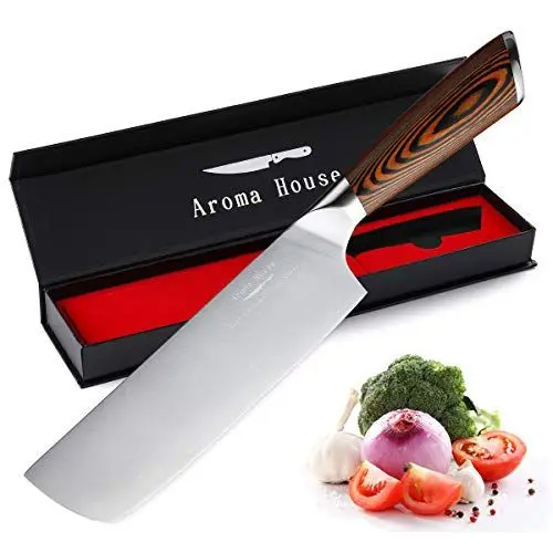 Produktbild: Aroma House Nakiri Messer Kochmesser Profi Küchenmesser Nakirimesser scharf 7 Zoll Hackmesser, Deutscher Edelstahl mit hohem Kohlenstoffgehalt Extra Scharfe Messerklinge für Küche & Restaurant