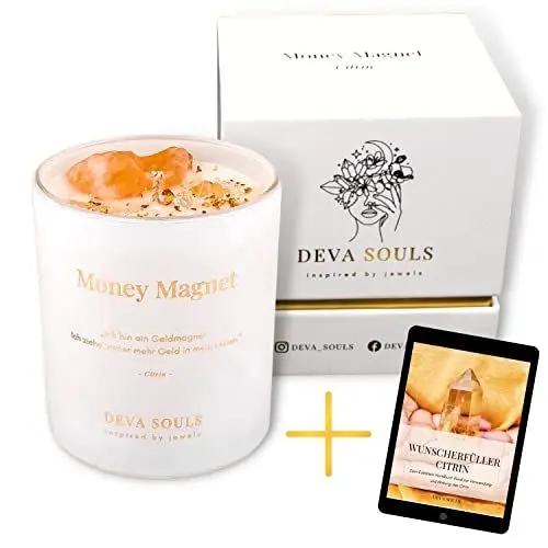 Produktbild: Aromatherapie Duftkerze im Glas mit Spruch I Kristall Kerze Citrin I Sojawachs Ritual Kerze I Für Yoga, Meditation und Journaling I blumig frischer rosé Duft I 44 Std.