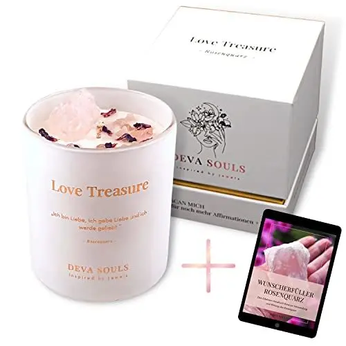 Produktbild: Aromatherapie Kerze im Glas mit Spruch I Kristall Kerze Rosenquarz I Sojawachs Ritual Kerze I Für Yoga, Meditation und Journaling I romantische Duftkerze Sandelholz rose I 44 Std.