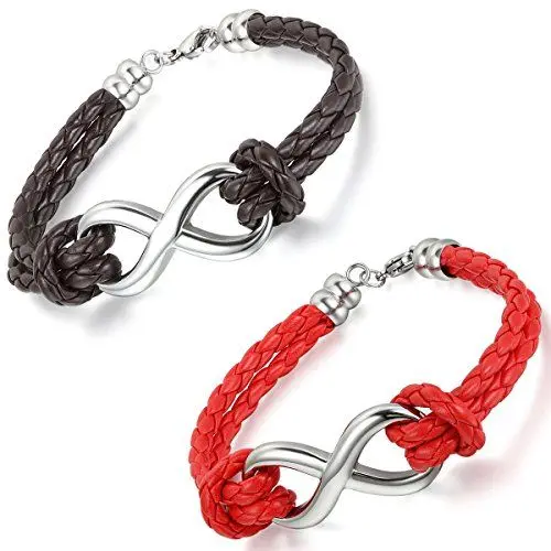 Produktbild: Aroncent Damen Herren Armband Infinity: 2 PCS Charms Armreif Lederarmband Unendlichkeit Edelstahl Armkette Geflochtenes Armband Schwarz Rot