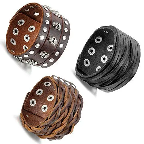 Produktbild: Aroncent 3 PCS Herren Breite Armbänder, Punk Rock Totenkopf Schädel Niete Knopf Leder Armband Armreif Armschmuck, Braun Schwarz