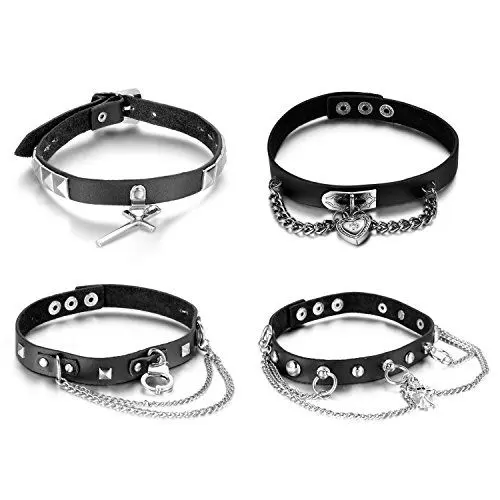 Produktbild: Aroncent Damen Choker Leder Halsband: 4PCS Lederkette Fashion Herz Schloss Schädel Kreuz Kruzifix Handschellen Lederhalskette Lederhalsband Schwarz Silber