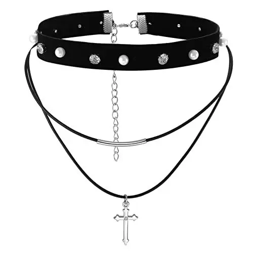 Produktbild: Aroncent Damen Kreuz Halskette Niete Choker Halsband Leder Halskette Niete Choker Kreuz Anhänger Halsreif für Frauen Mädchen Damen