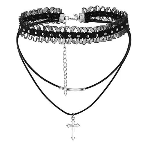 Produktbild: Aroncent Damen Kreuz Halskette Niete Choker Halsband Spitze Leder Halskette Choker Kreuz Anhänger Halsreif für Frauen Mädchen Damen