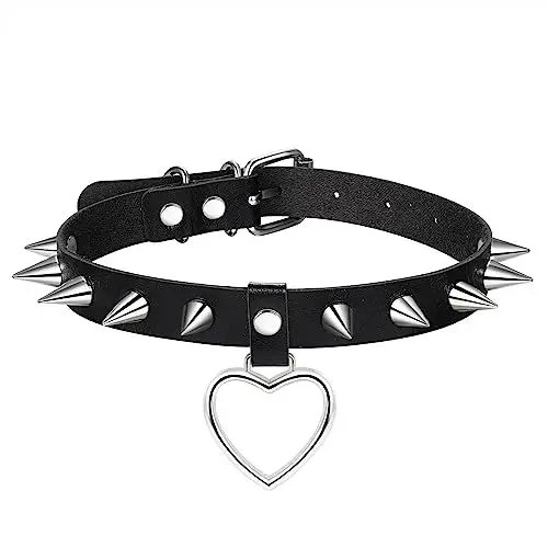 Produktbild: Aroncent Damen Punk Choker Halsband Halskette - Schwarz Leder Gothic Rock Choker Exquisit Herz Metalllegierung Niet Lederhalskette Verstellbaren Größen