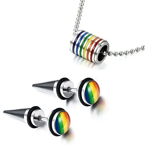 Produktbild: Aroncent Halskette Ohrringe Schmuck Set, Edelstahl Regenbogen Rainbow Charms, Kette Halsband mit Anhänger, Kugel Kreis Spike Ohrstecker Ohrschmuck