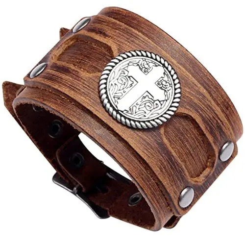 Produktbild: Aroncent Herren Kreuz Leder Armband: Kreuz Armreifen für Herren Verstellbar Breit Herrenarmband Armkette Retro Punk Rock Wickelarmband Surferarmband Braun