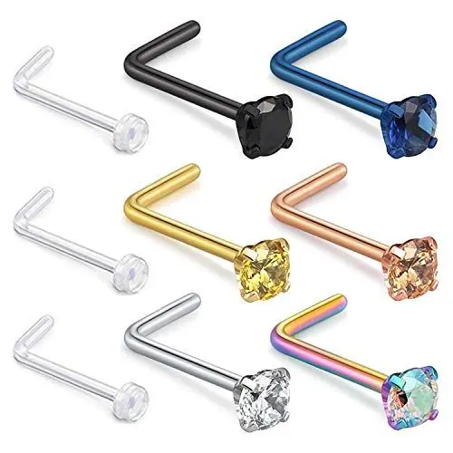 Produktbild: Aroncent Nasenstecker Nasenpiercing L-Form Nasen-Piercing Nasenfluegel Nostril Chirurgenstahl 6 PCS + 3 PCS Klar Lippenpiercing Bioflex Labret 18G/20G