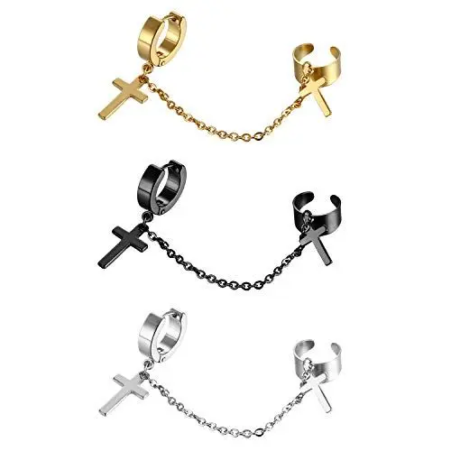 Produktbild: Aroncent Ohrringe mit Kreuz Anhänger Set: 3 Paar Herren Damen Ohrhänger Kreuz Kette Ohrstecker Edelstahl Creolen mit Ohrklemme Ohrclips Ohr Piercing Schwarz Gold Silber