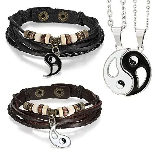 Produktbild: Aroncent Yin Yang Armband Halskette: 4PCS Tai Chi BAGUA Armband Halskette Set Edelstahl Kette Anhänger Lederarmband Wickelarmband Armreif Armschmuck Schwarz Braun Silber