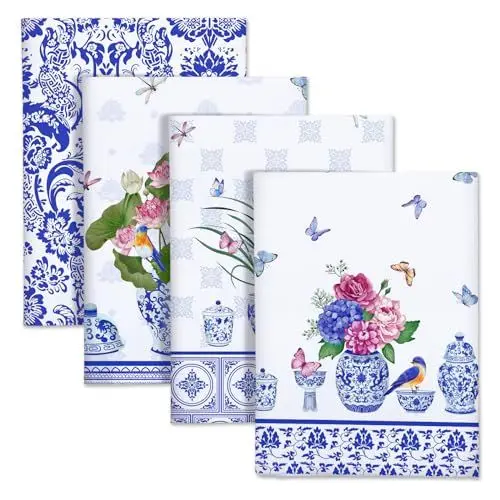Produktbild: Arquiel Küchentücher Baumwolle 4 Stück, Geschirrtücher 100% Baumwolle Blaues und weißes Porzellan Küchenhandtuch Set Multi-Purpose Hochwertige Küche Trockentuch Bar Handtücher 48 x 70CM