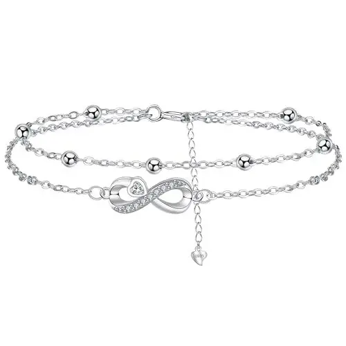 Produktbild: Arrebol Unendlichkeit Fußkettchen Silber 925 Damen Kette mit Kugelperlen Süße Sommer Infinity Fußketten Verstellbares 22cm+4cm