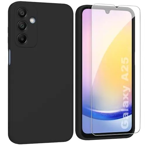 Produktbild: ARRYNN Hülle für Samsung Galaxy A25 5G (6.5 Zoll) + Schutzfolie,Handyhülle Liquid Silikon Weiches TPU Stoßfeste Case Cover Schutzhülle - Schwarz