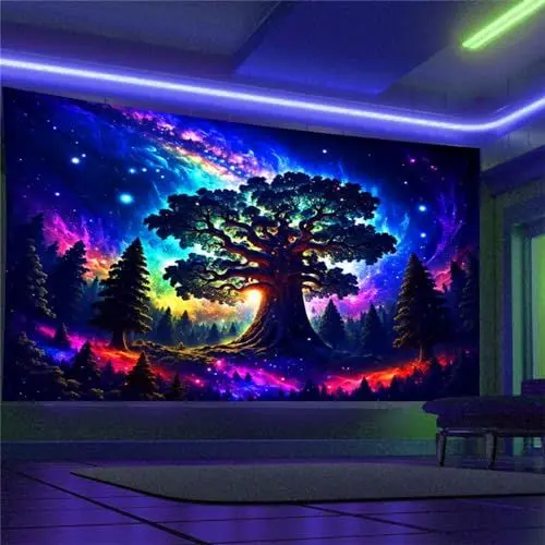 Produktbild: Arsey Schwarzlicht Wandteppich Wald Trippy UV-Reaktive Wandteppiche Hochkant Baum Sterne Galaxy Aesthetic Wandtücher Wandtuch Deko Wohnzimmer, Bunt, Extra Großer 300x180cm