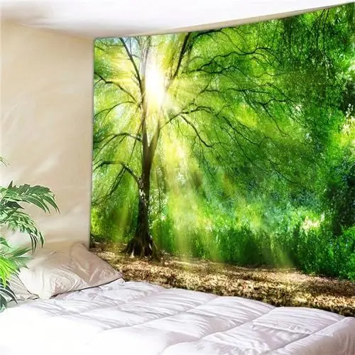 Produktbild: Arsey Wandteppich Wald Wandtuch Baum Wand Teppich Tapisserie Sonnenschein Himmel Wandbehang Gras Natur Landschaft Schöne Wandteppiche Deko Wohnzimmer Schlafzimmer, Grün, 200x150cm