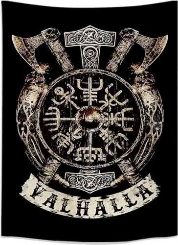 Produktbild: Arsey Wikinger Deko Wandteppich Vegvisir Achsen Hammer Valhalla Wand Tuch Nordische Mythologie Fathurk Wandbehang Gothic Aesthetic DekoTapisserie Klein Schwarz 150 x100cm