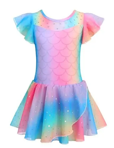 Produktbild: Arshiner Ballettkleider Mädchen Masche Gerüschte Kurze Ärmel Ballettkleidung Tanzkleid Ballettanzug Kinder Baumwolle Glitzer Balletttrikot mit Tüllrock Muster 2/150
