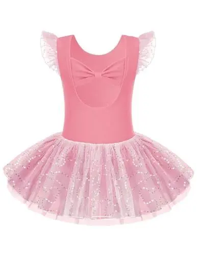 Produktbild: Arshiner Ballettkleider Mädchen Schleife Kurze Ärmel Ballettkleidung Tanzkleid Ballettanzug Kinder Baumwolle Balletttrikot mit Glitzer Tüllrock Korallenrosa 140