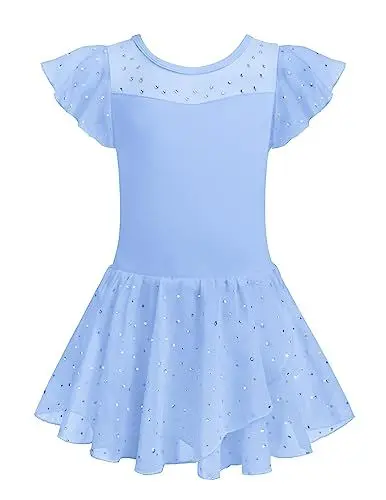 Produktbild: Arshiner Ballettkleidung Mädchen Gerüschte Kurze Ärmel Ballettkleid Tanzkleid Kinder Masche Ballettanzug Ballett Trikot Ballerina Kleid Balletttrikot Ballerina kostüm mit Rock Tütü Blau 150