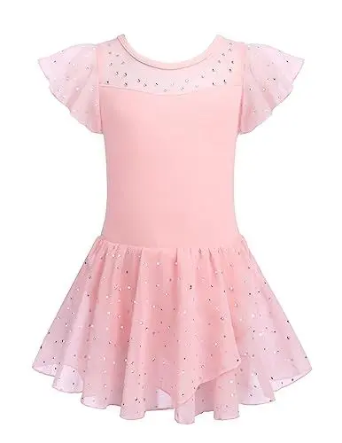 Produktbild: Arshiner Ballettkleidung Mädchen Masche Gerüschte Kurze Ärmel Tanzkleid Ballettkleid Kinder Baumwolle Ballettanzug Ballett Trikot Ballerina Kleid Balletttrikot Ballett Kleider mit Rock Tütü Rosa 160