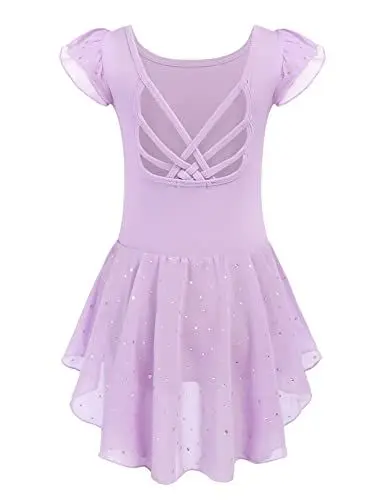Produktbild: Arshiner Ballettkleidung Mädchen Rückenfrei Ballettkleid Kurzarm Tanzkleidung Lila Baumwolle Balletttrikot Rundhals Tanzbody mit UnregelmäßIges Ballett Tutu 140/5-6 Jahre