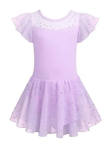 Produktbild: Arshiner Ballettkleidung Mädchen Rüschenärmel Masche Ballettkleid Tanzkleid Kinder Glitzerndes Ballettanzug Ballett-Trikots Tanz-Trikot Kleinkind Ballerina Kleid Kostüm Outfits Lila 140