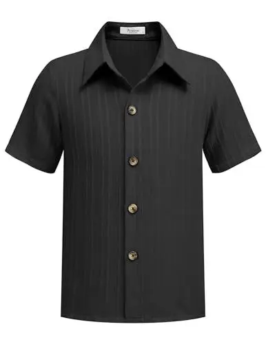 Produktbild: Arshiner Jungen Hemd mit Knopfkragen Kurzarm Shirt Schwarz Schuluniformhemd Leinenhemd Sommerhemd für Strand Urlaub7-8 Jahre