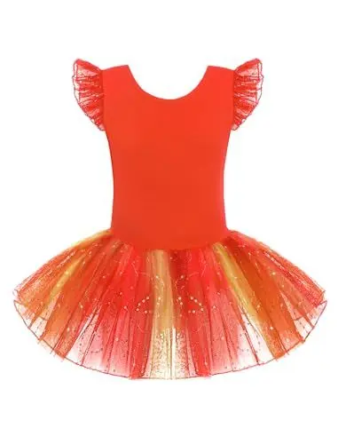 Produktbild: Arshiner Kinder Ballettkleidung Schleifen Mädchen Paillette Ballettkleid Kurzarm Ballettanzug mit Glänzender Tutu-Rock Ballerina-Outfits Orange 150